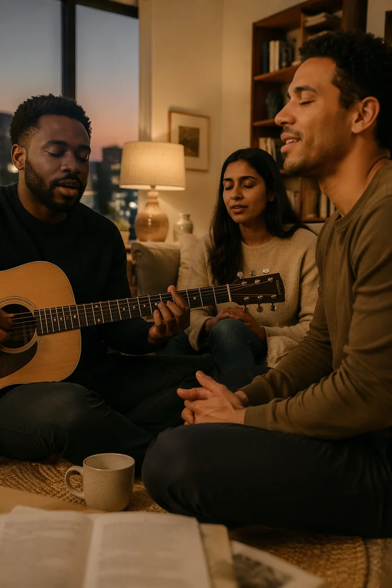 Three Friends Singing in Cozy Living Room
