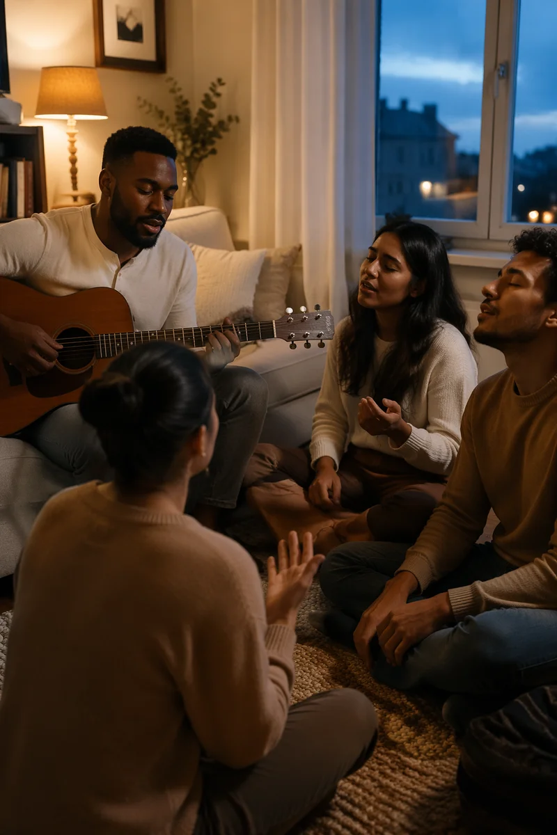 Friends Singing with Acoustic Guitar Indoors