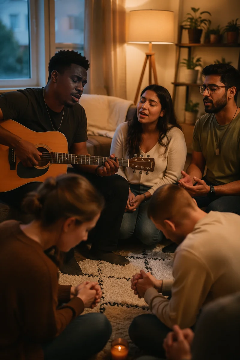 Friends Singing with Acoustic Guitar Indoors
