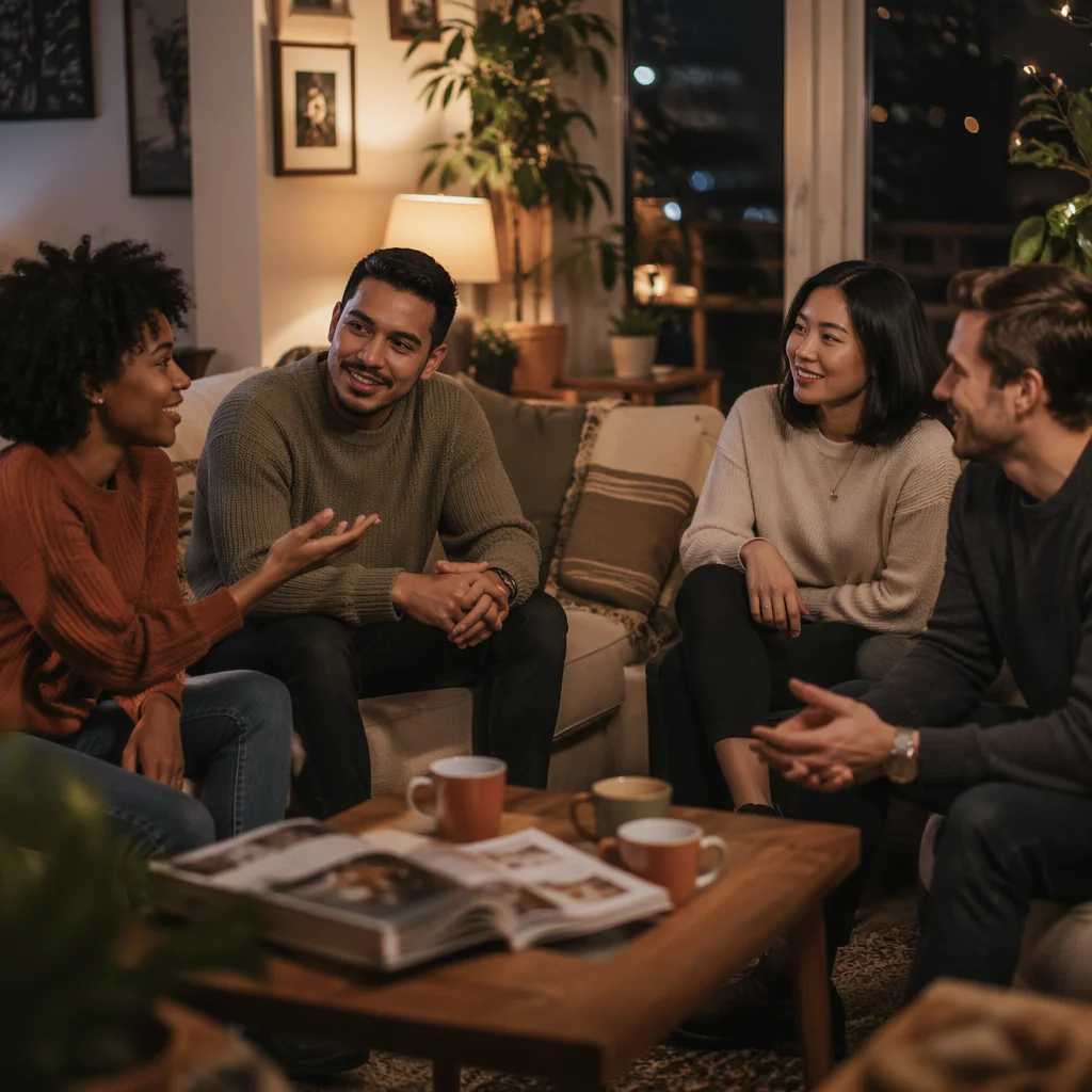 Friends Talking in Cozy Apartment Living Room