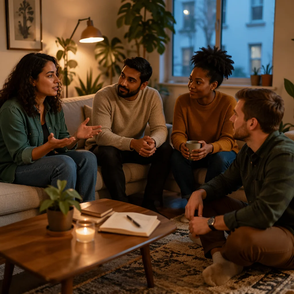 Four Friends Talking in Cozy Apartment