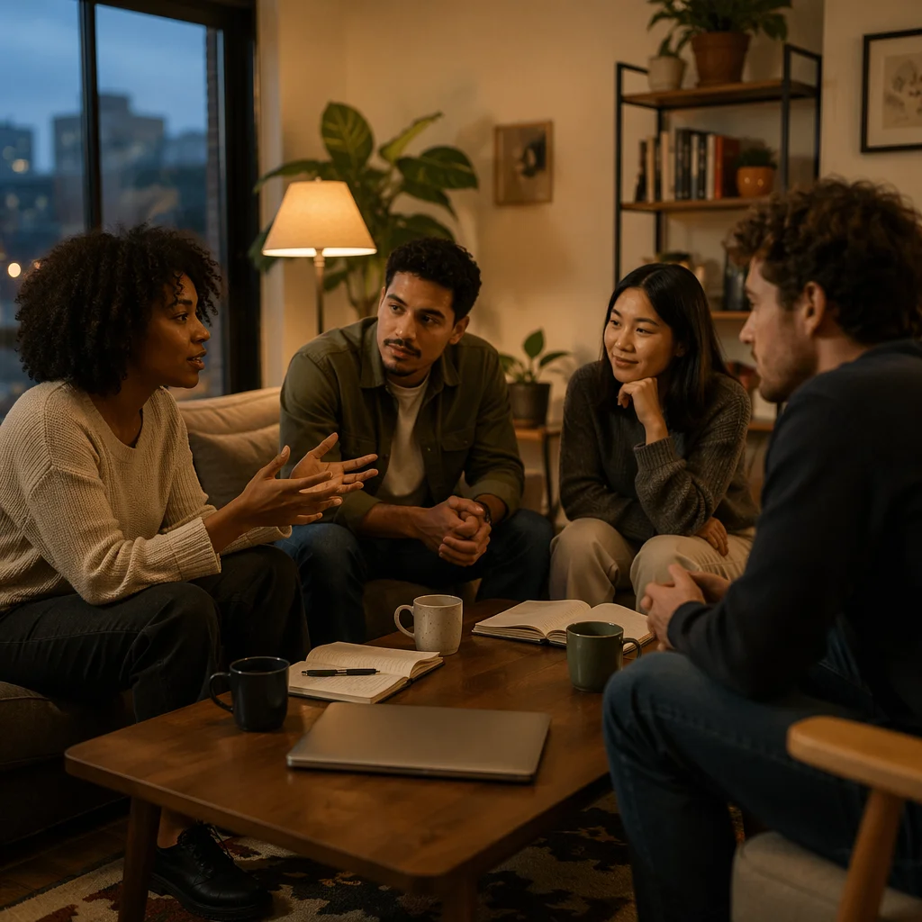 Four Friends Discussing in Cozy Apartment