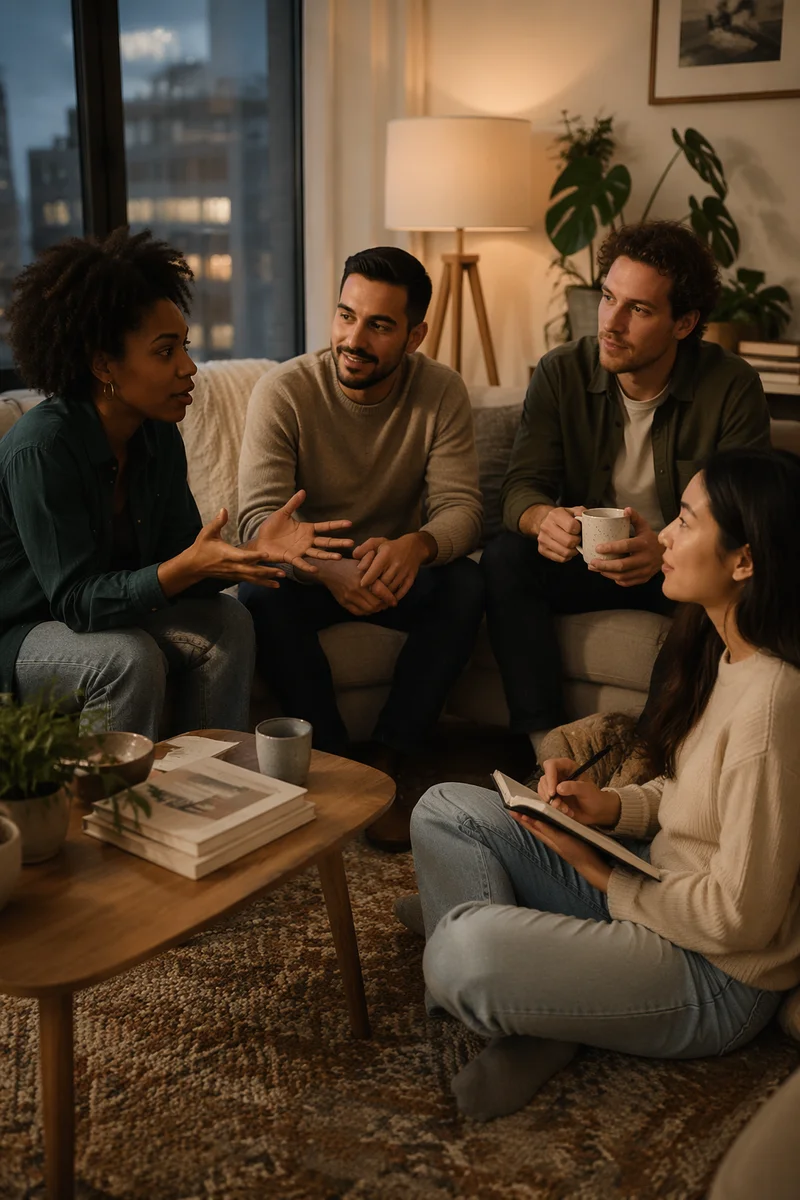 Friends Talking in Cozy Apartment Living Room