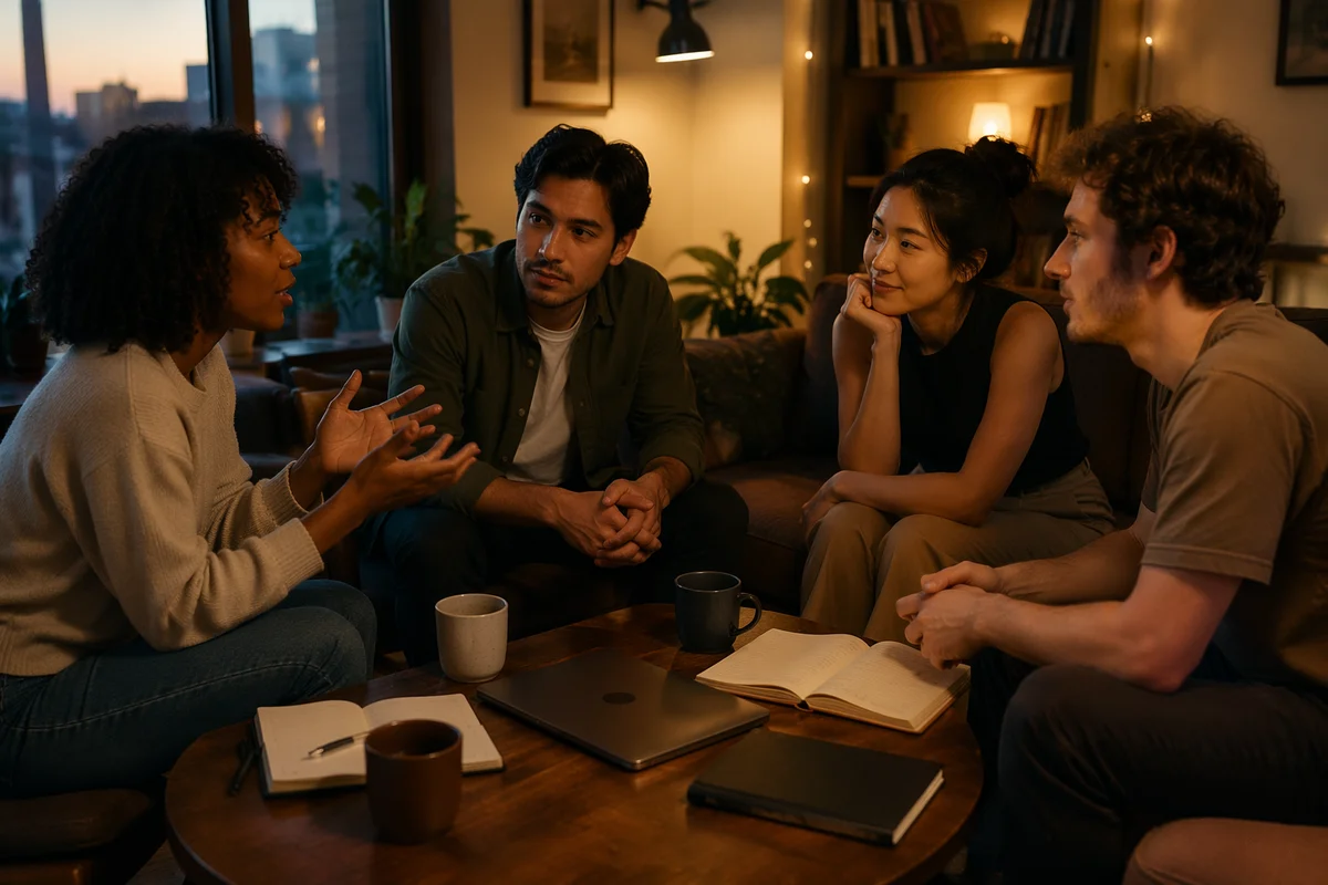 Four Friends Talking in Cozy Apartment