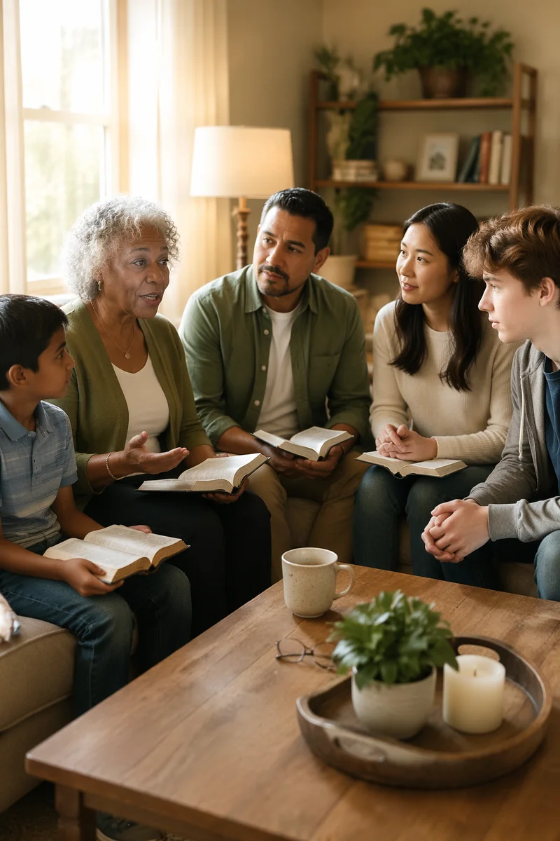 Intergenerational Group Reading Together in Living Room