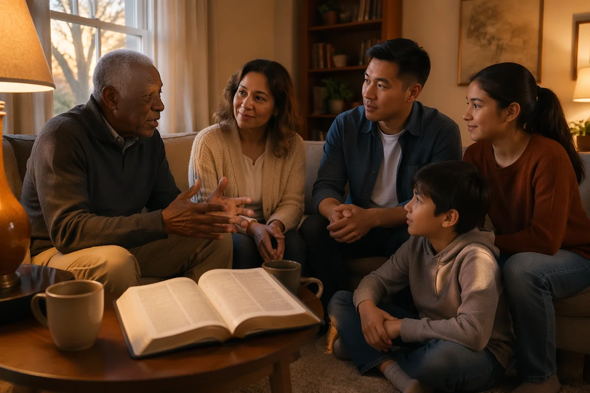 Multigenerational Family Reading Together in Living Room