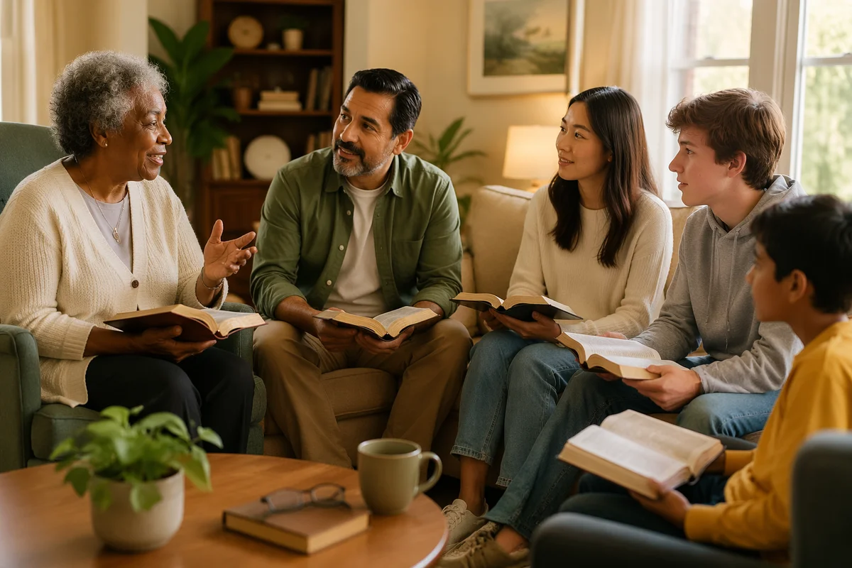 Intergenerational Group Reading Together in Living Room