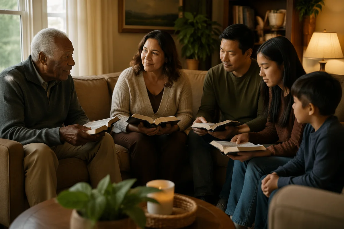 Intergenerational Bible Study in Cozy Living Room