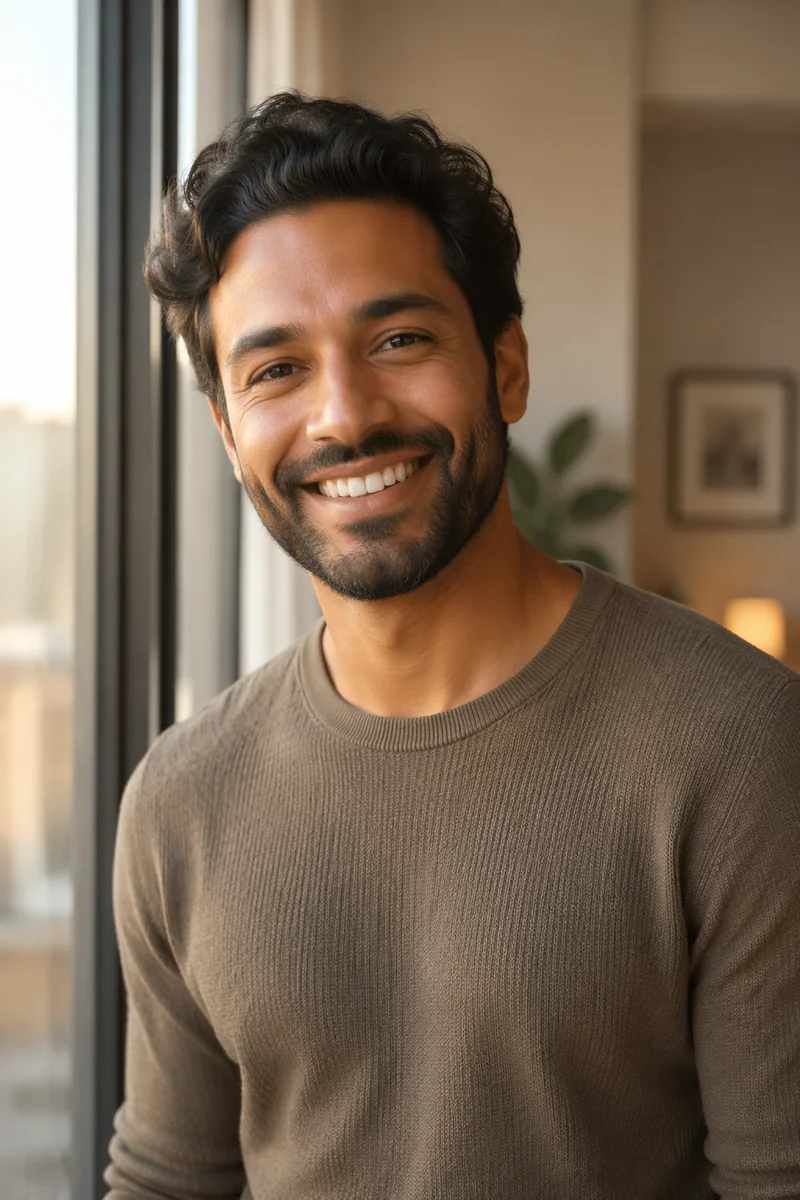 Warm Smiling Man by Apartment Window