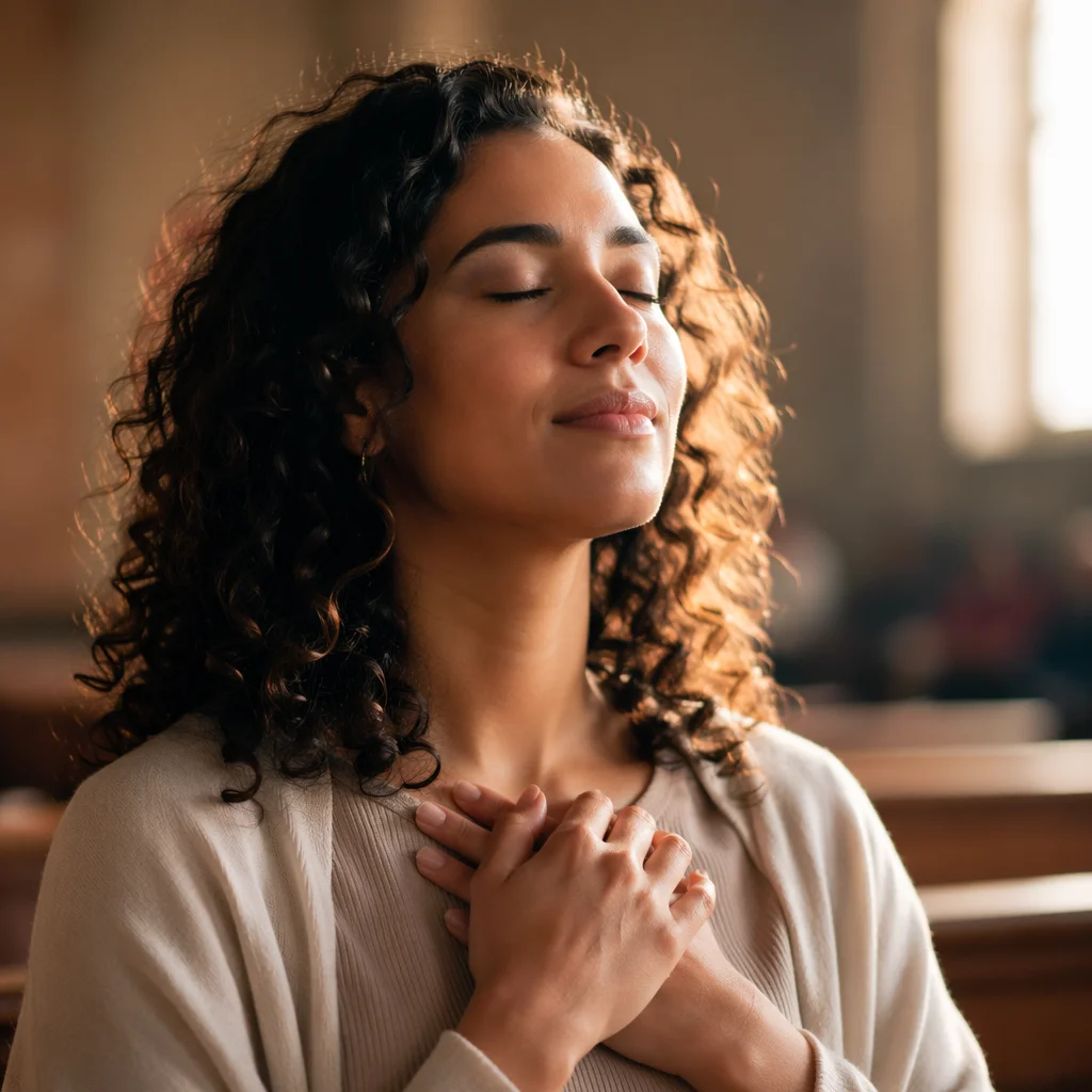 Serene Woman with Clasped Hands Indoors