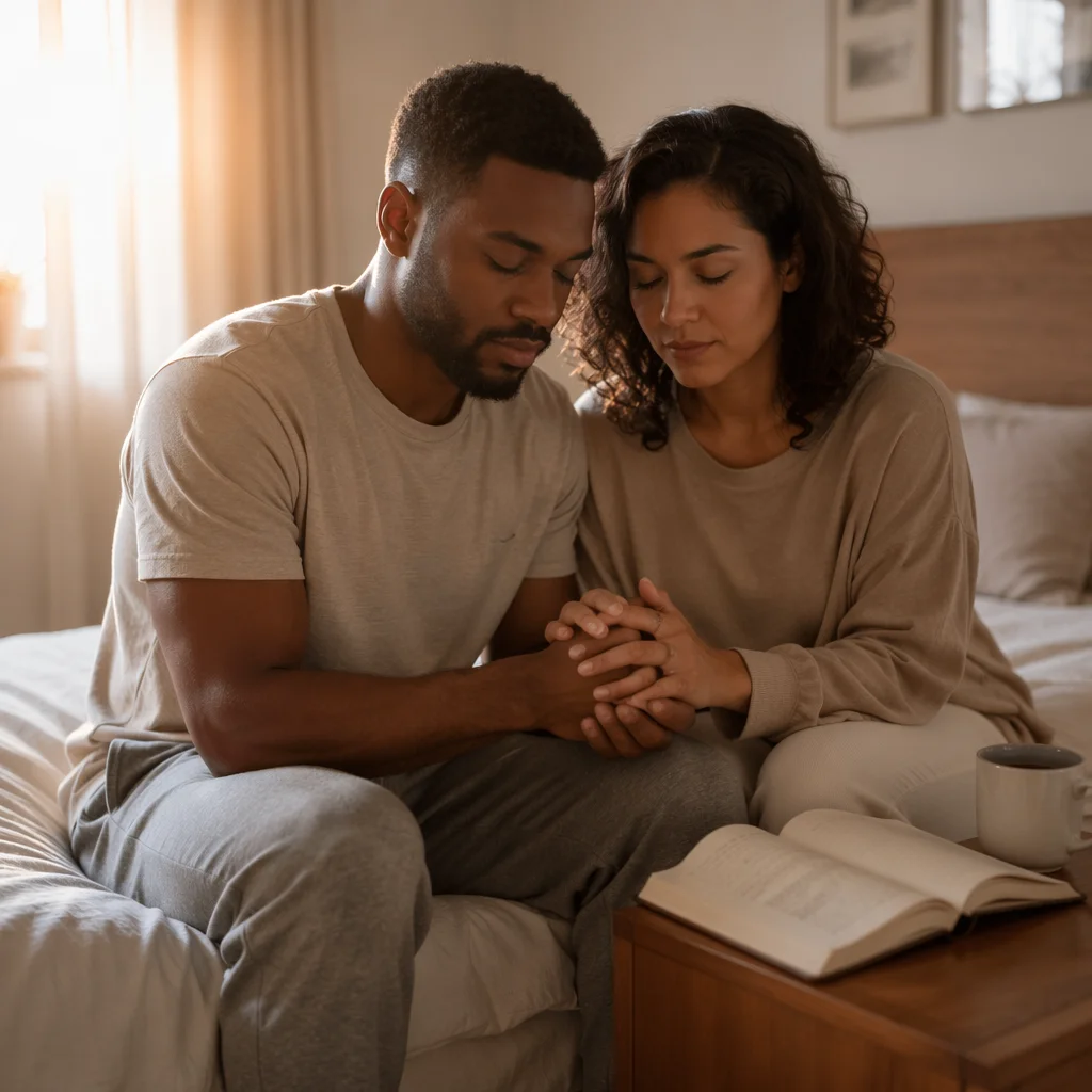 Mixed-Race Couple Praying on Bed