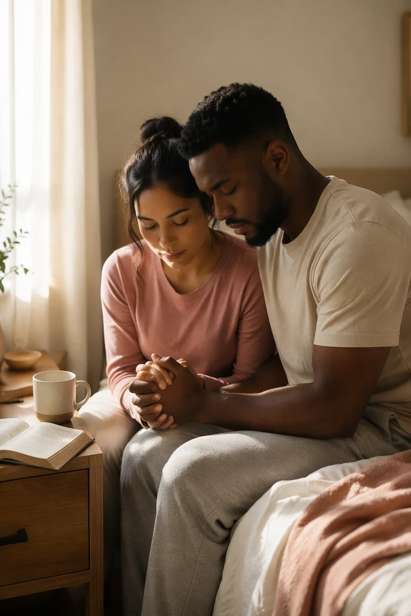 Couple Praying Together in Sunlit Bedroom