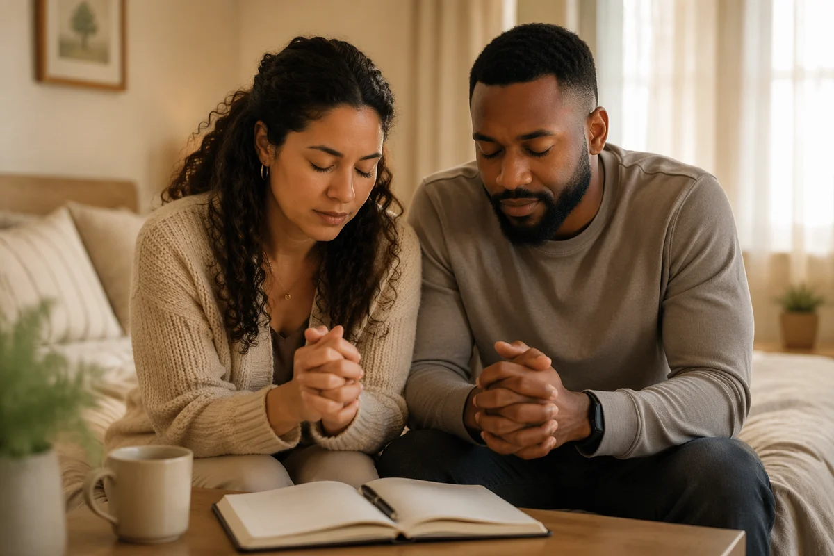 Mixed Race Couple Praying at Home