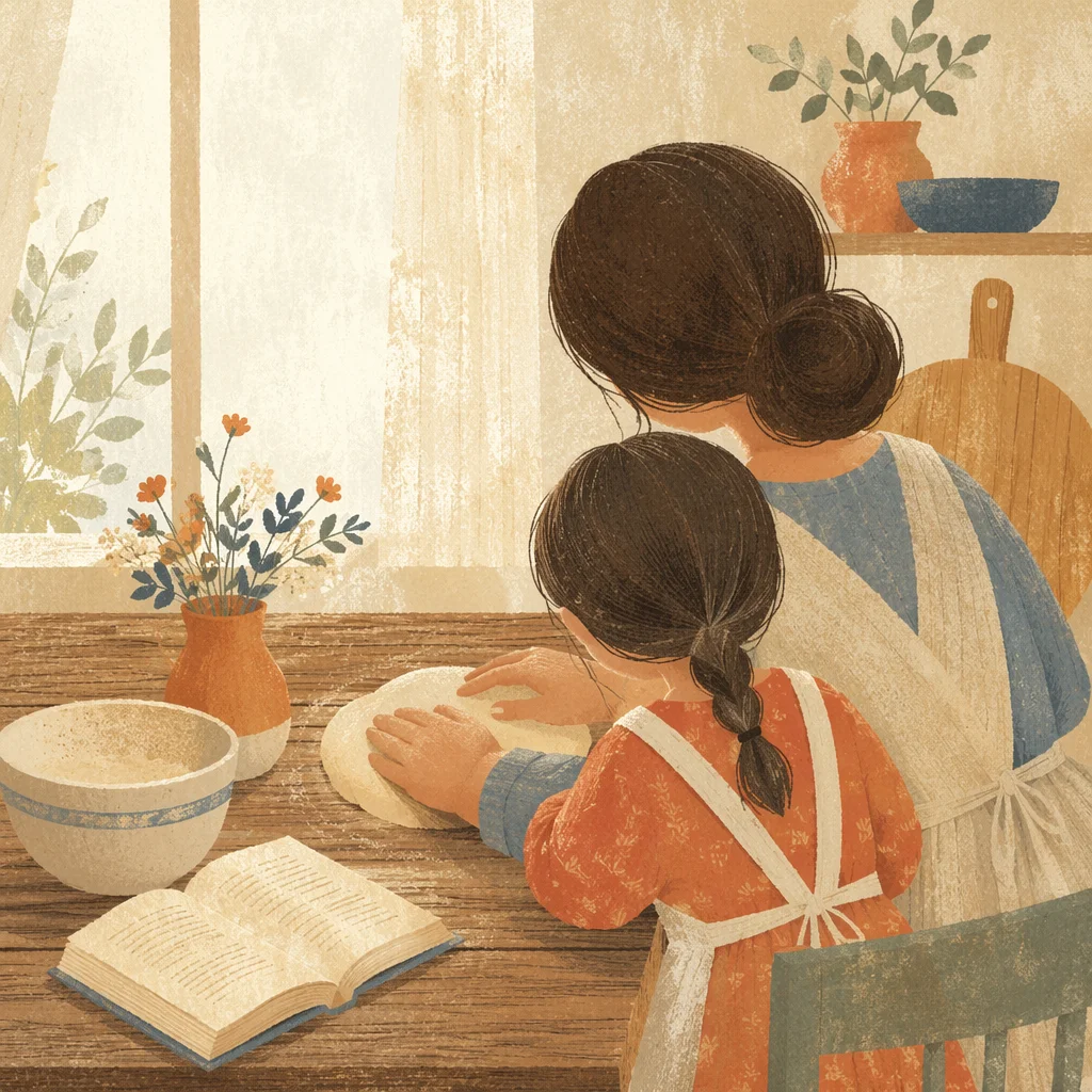 Tender Mother and Child Breadmaking Moment