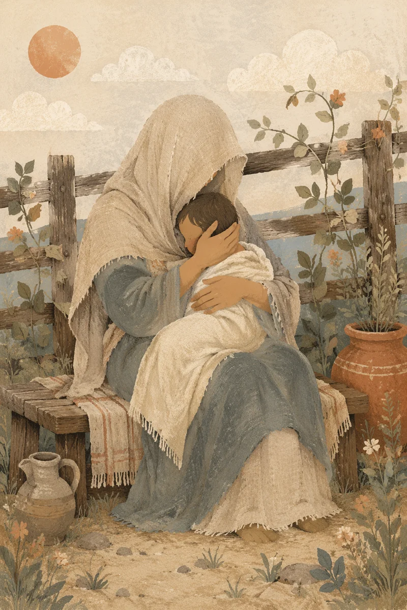 Tender Mother and Child Garden Embrace