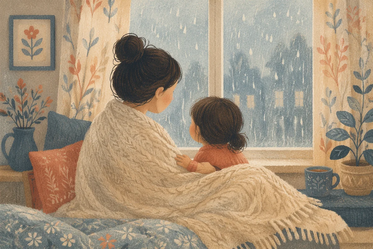 Tender Mother and Child Rainy Window Moment