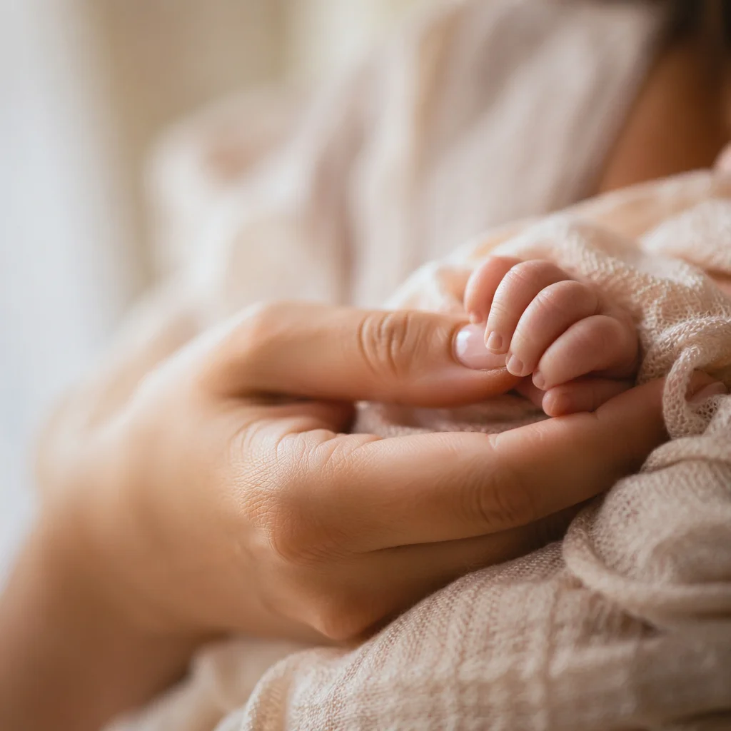 Tender Mother and Newborn Hand Bonding