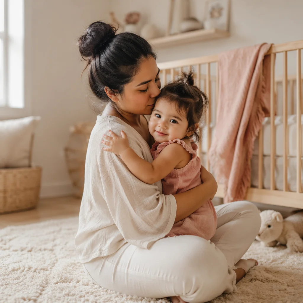 Mother Holding Toddler in Sunlit Nursery