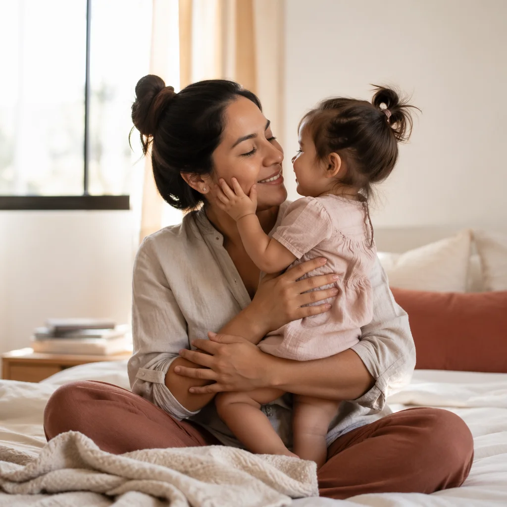Mother Holding Toddler on Sunlit Bed