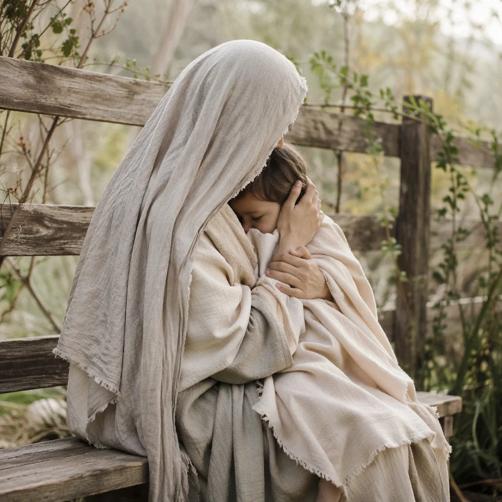 Tender Mother and Child Garden Embrace