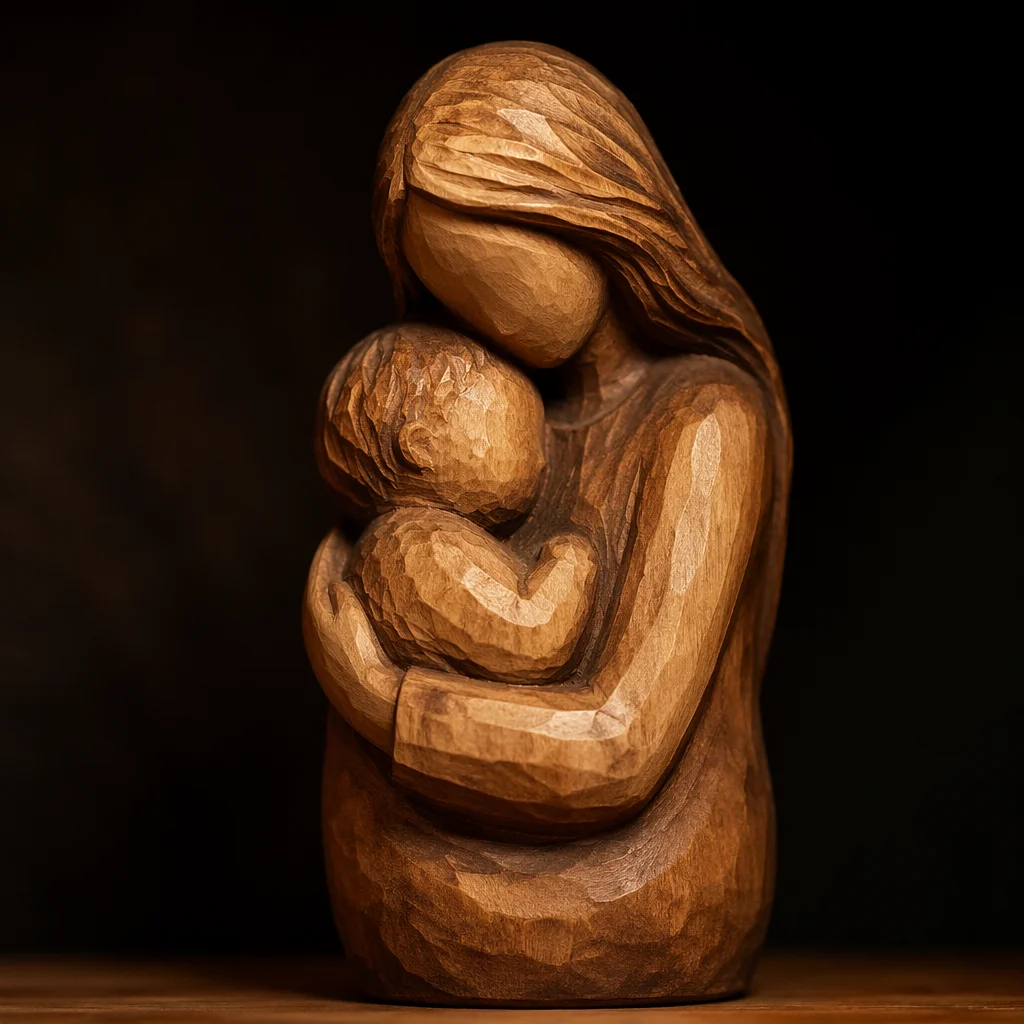 Tender Wooden Mother and Child Embrace
