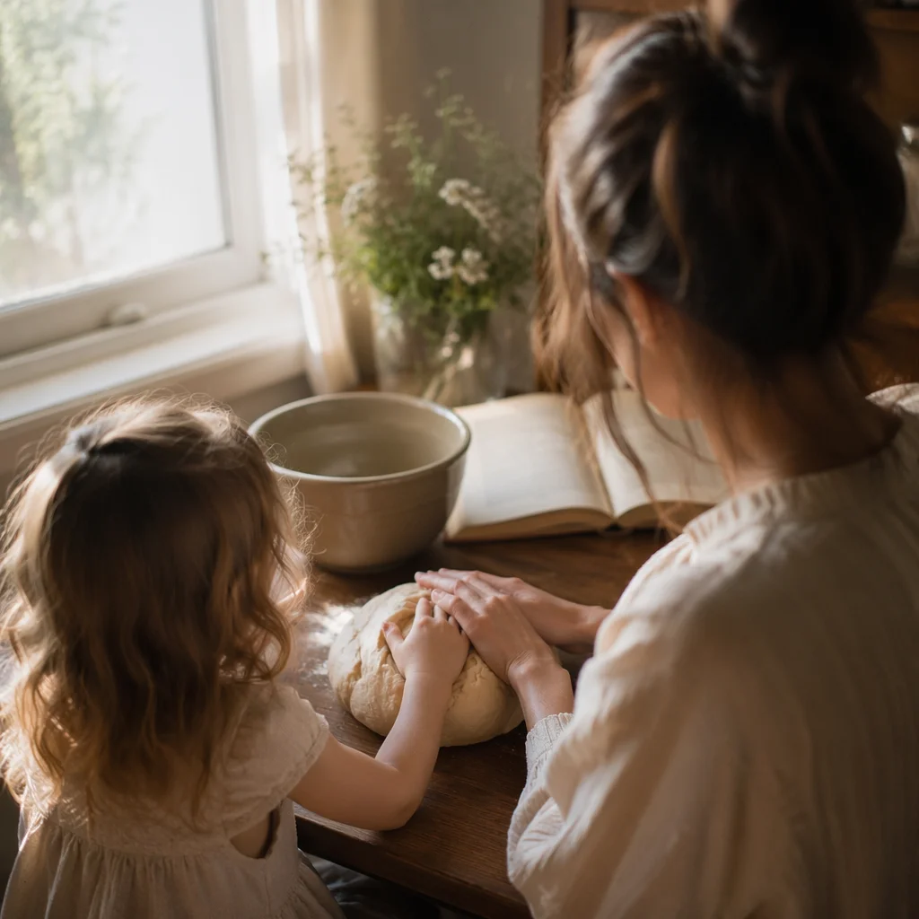 Mother and Child Shaping Bread Together