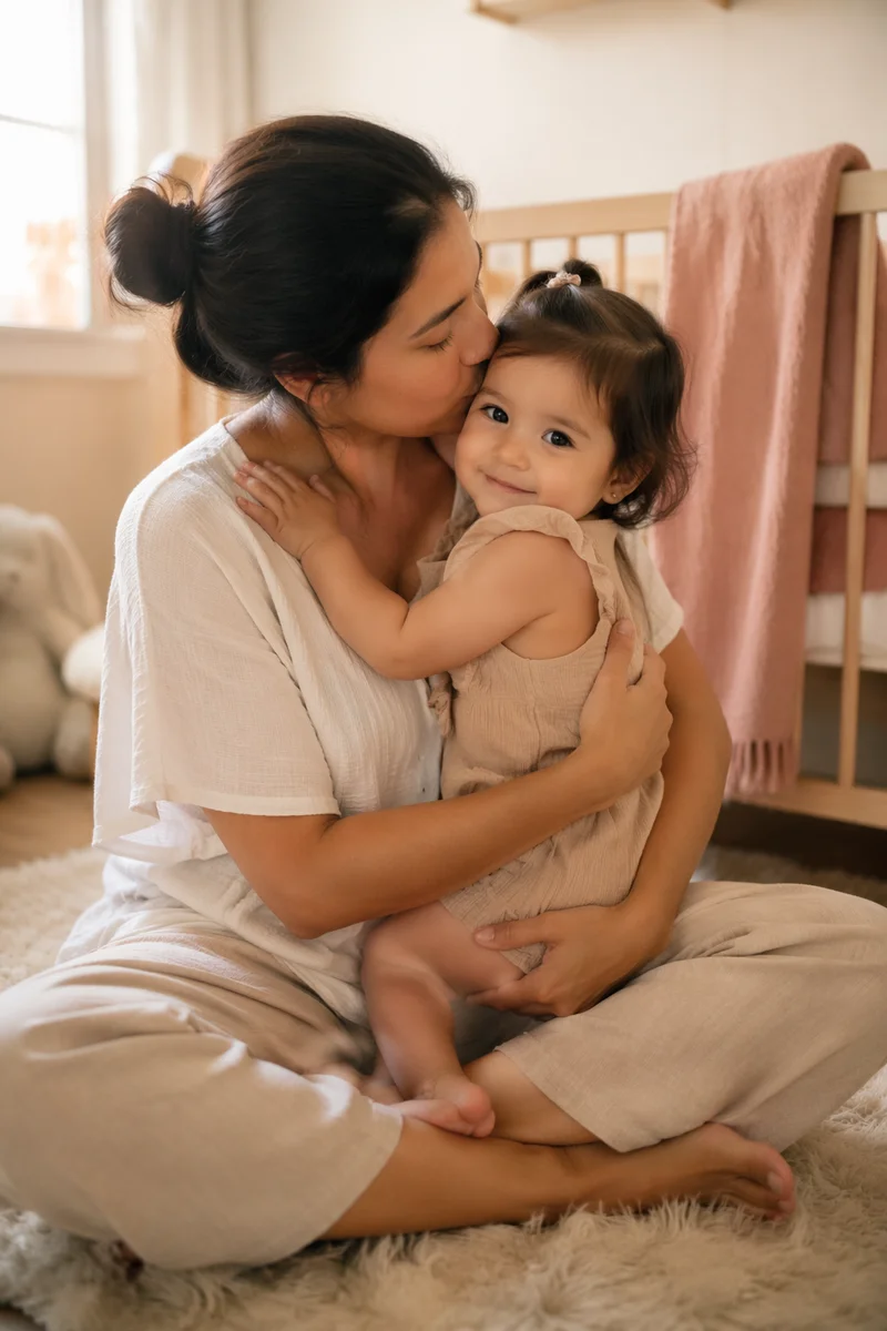 Mother Holding Toddler in Sunlit Nursery