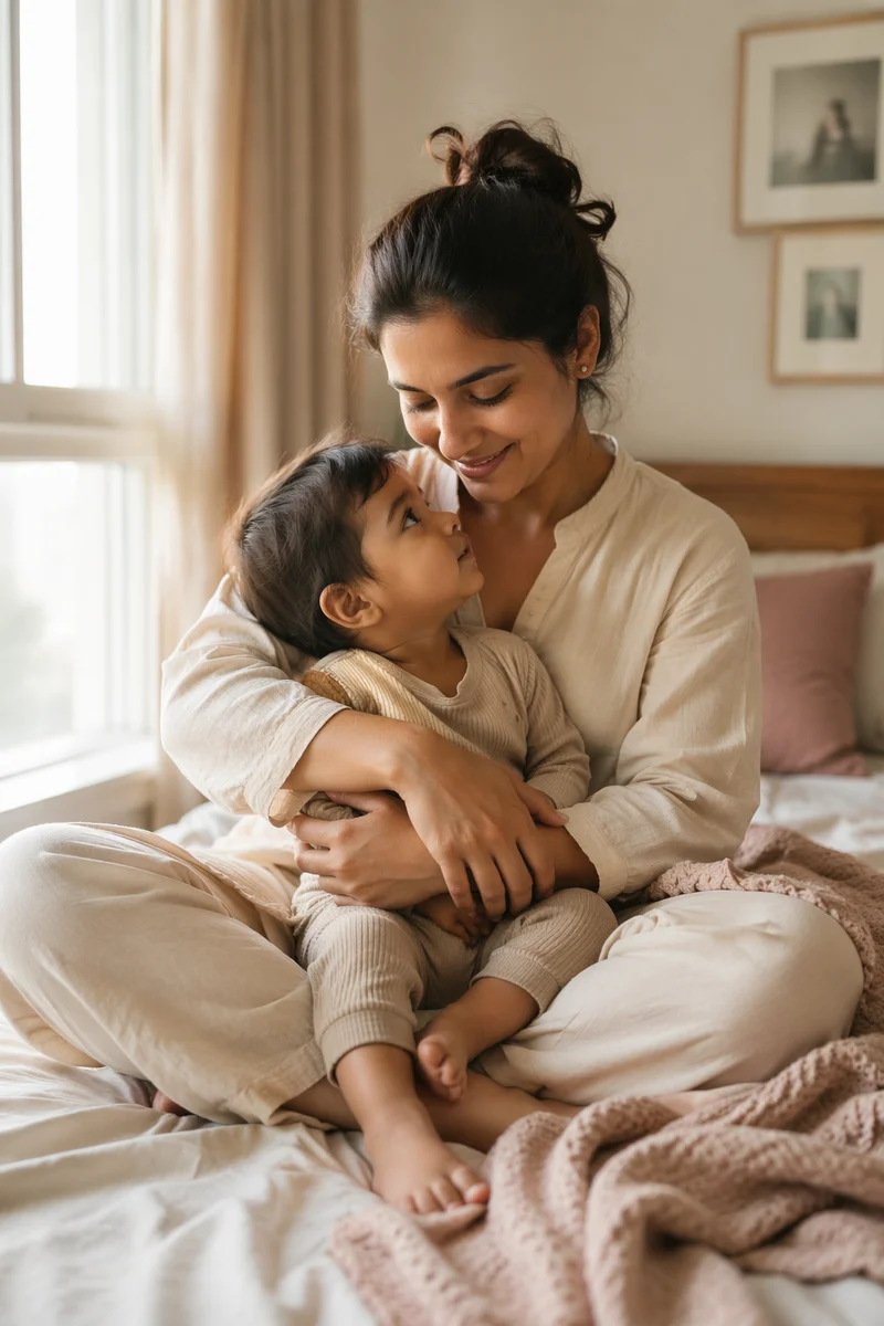 South Asian Mother Holding Toddler Indoors