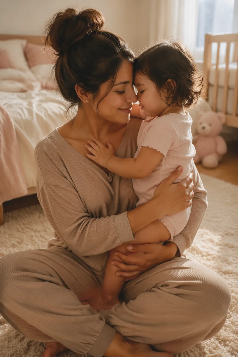 Tender Mother and Toddler Bedroom Embrace
