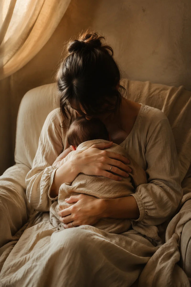 Tender Mother Cradling Infant in Warm Light