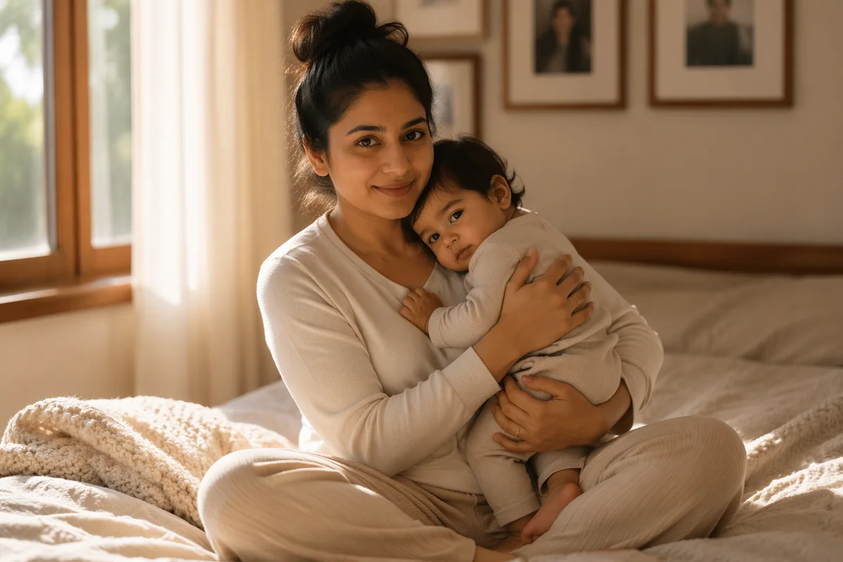 Young Mother Holding Toddler on Bed