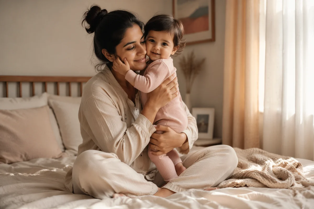Tender Mother and Toddler on Bed