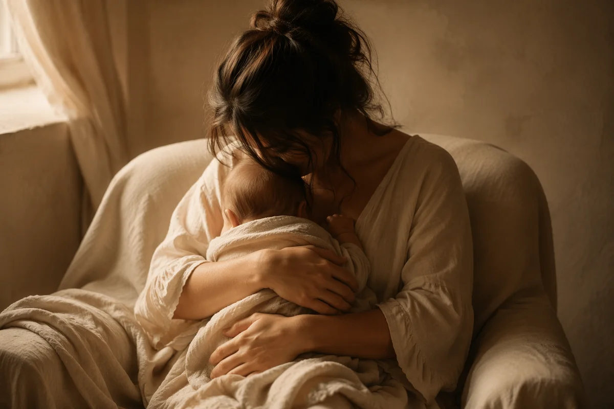 Tender Mother and Infant in Warm Window Light