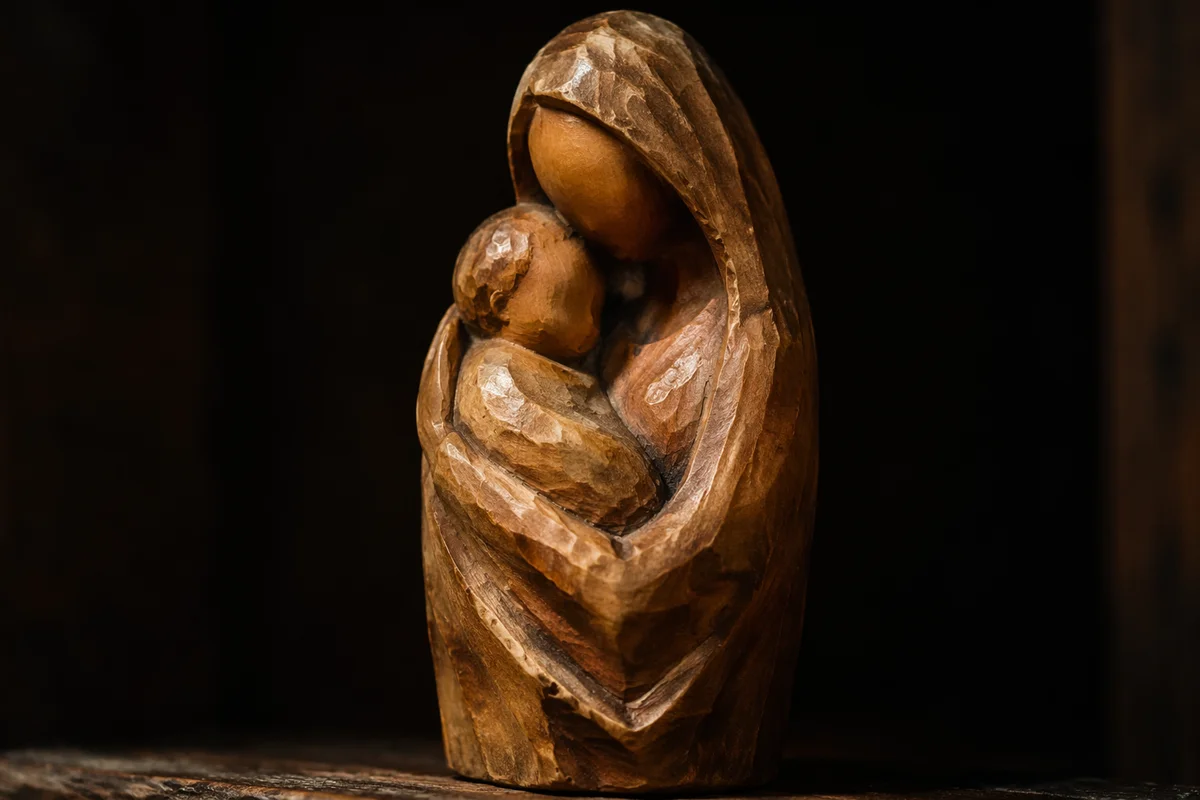 Tender Wooden Mother and Child Embrace
