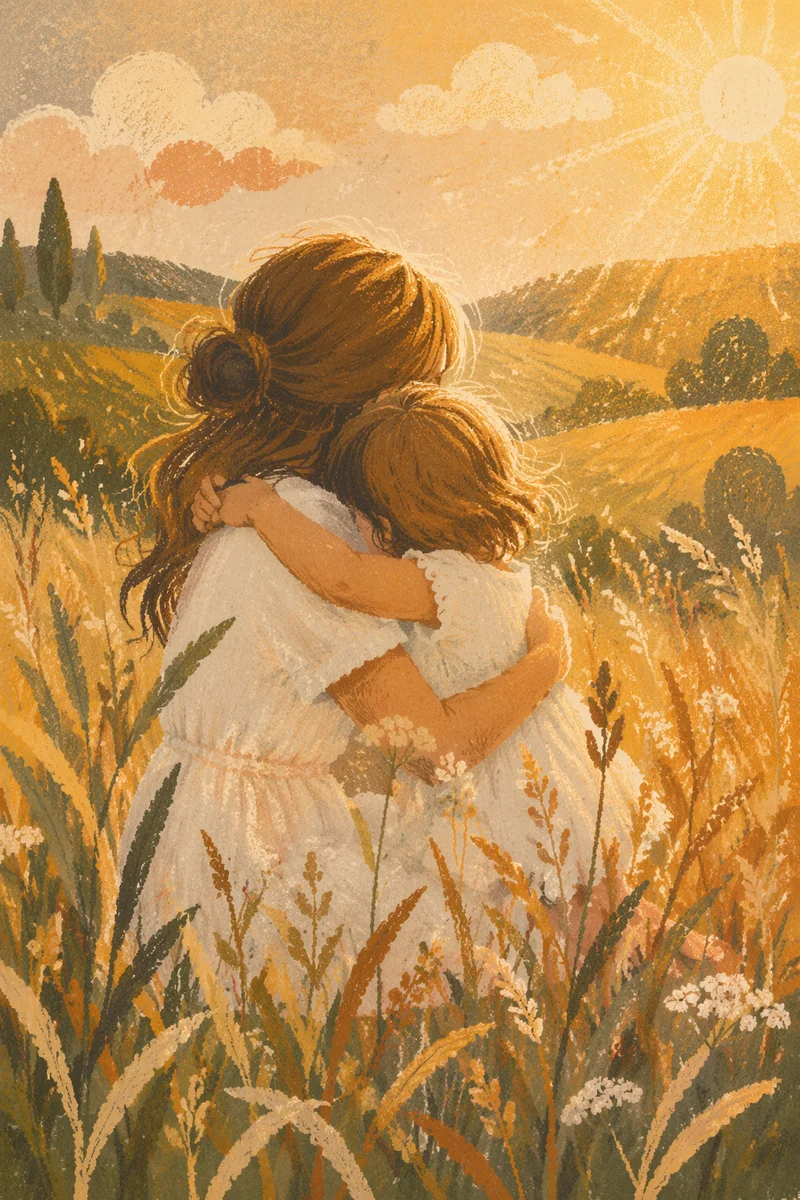 Mother and Child Embrace in Golden Meadow