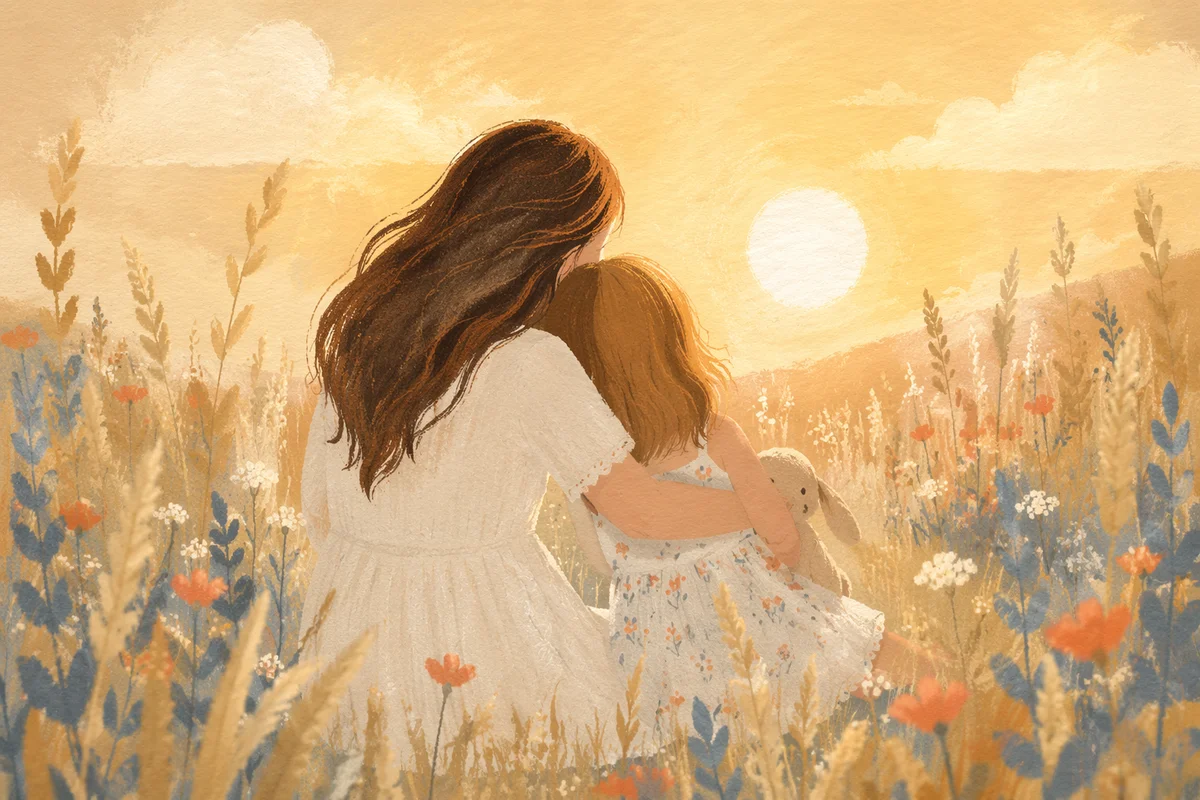 Mother and Child Embrace in Golden Meadow
