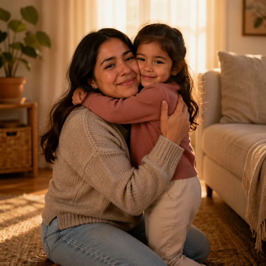 Mother Hugging Daughter in Warm Living Room