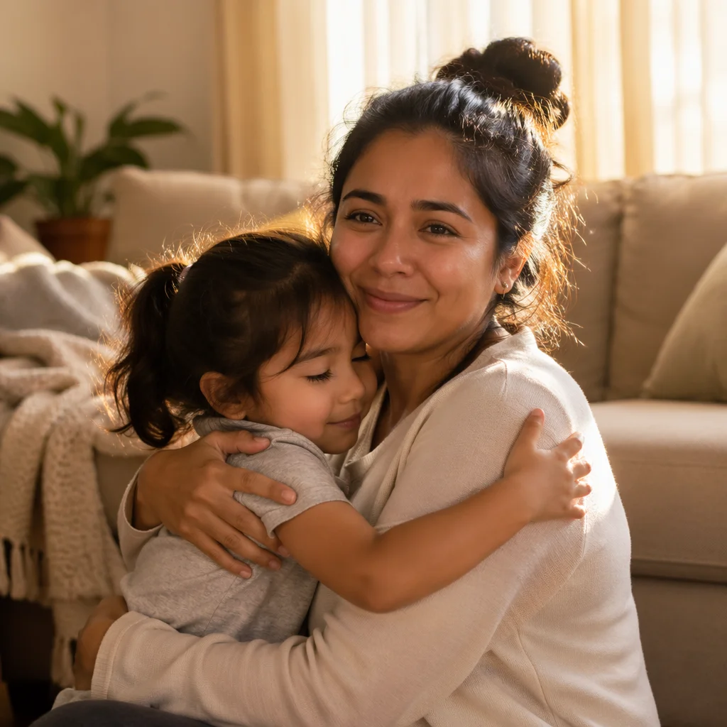 Mother Hugging Young Daughter in Warm Light