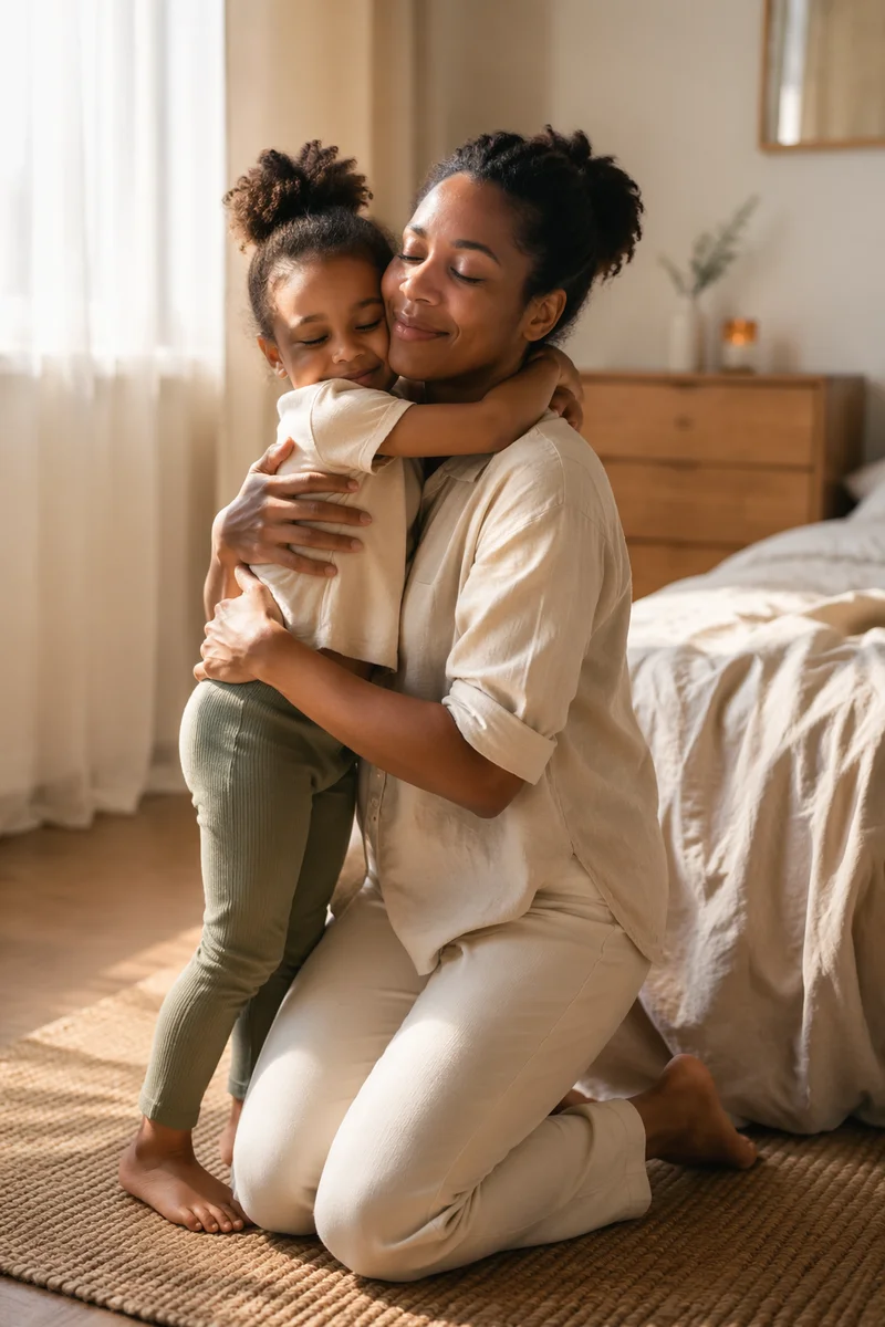 Mother and Daughter Embrace in Sunlit Bedroom