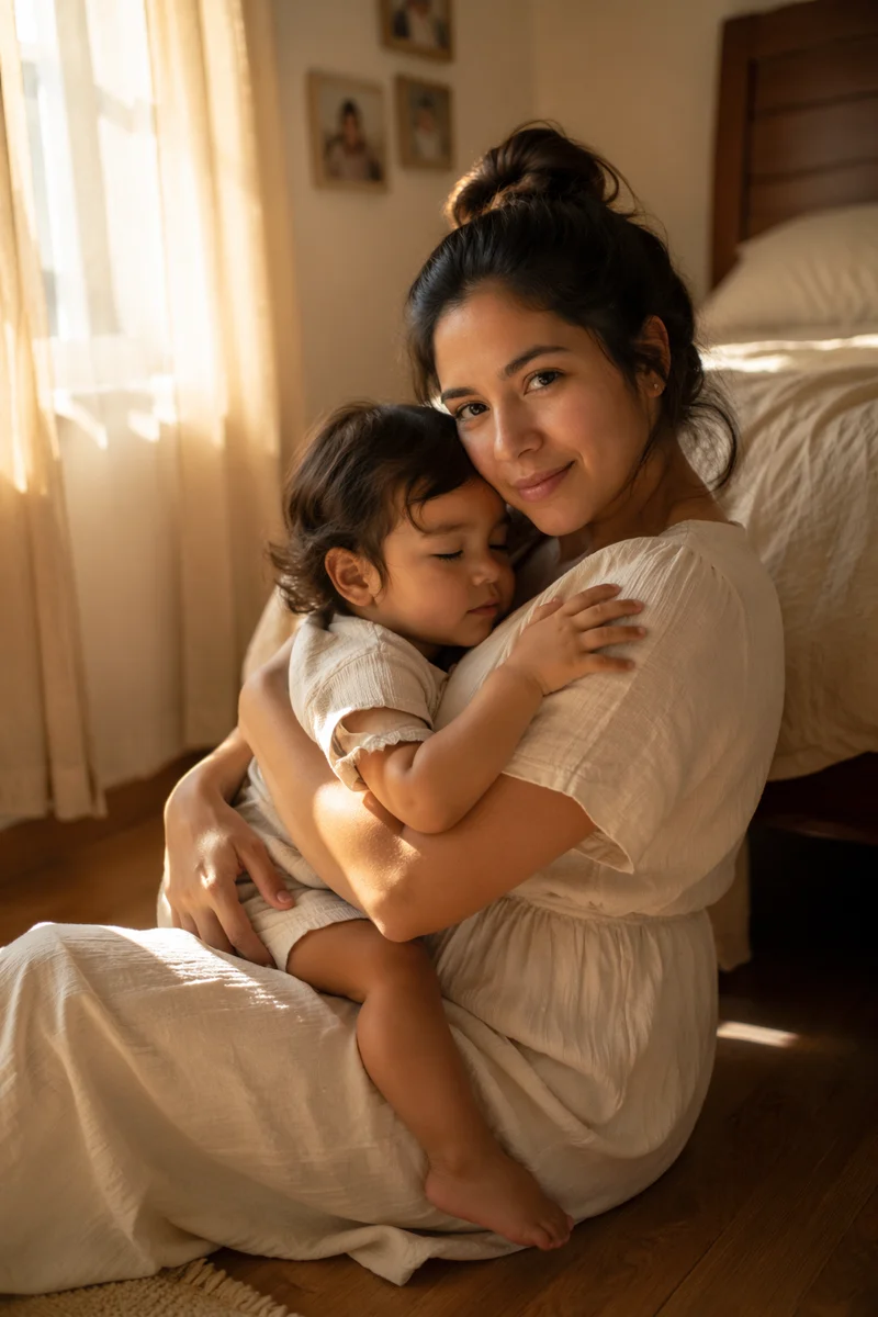 Mother Hugging Sleepy Toddler by Window