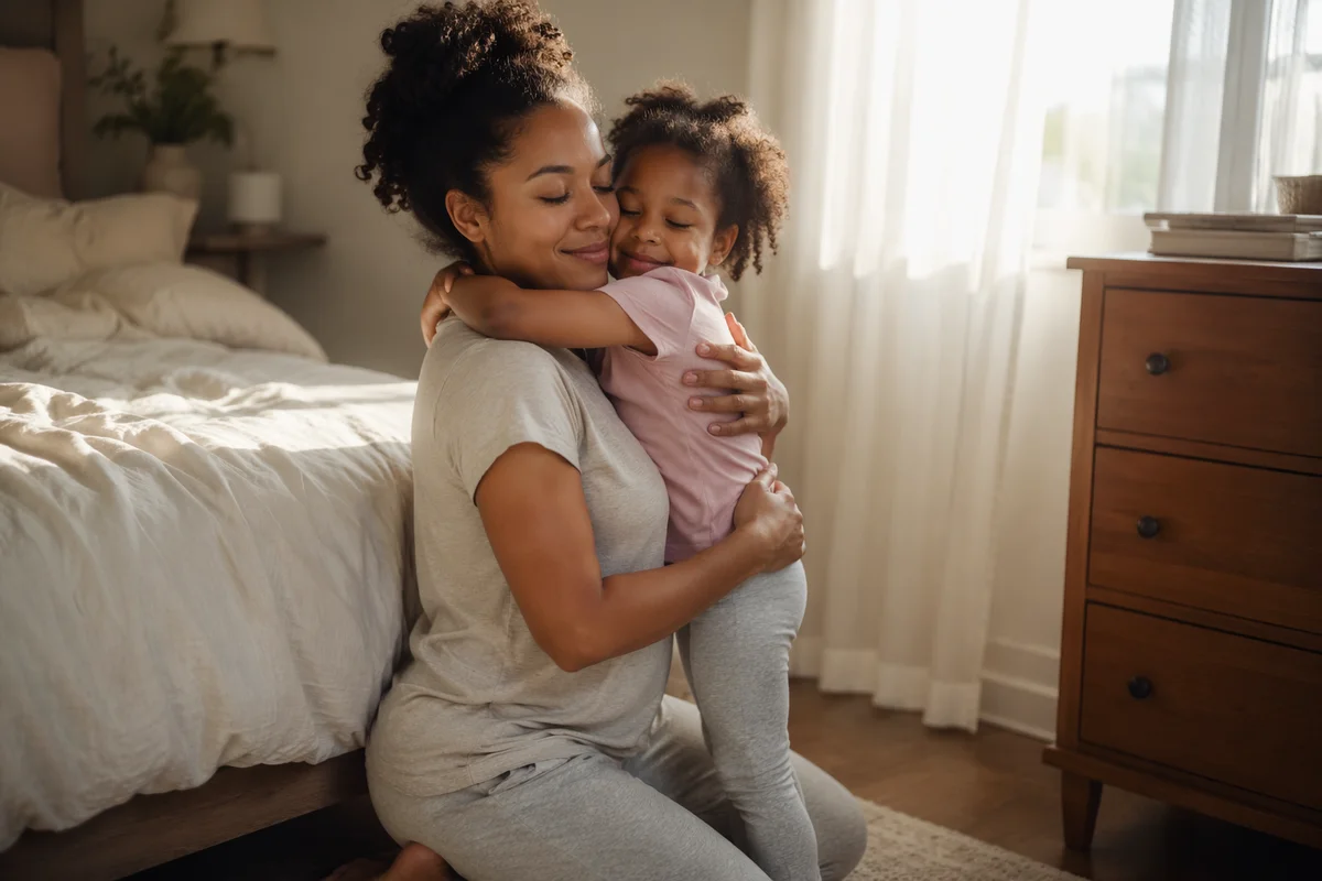 Mother and Daughter Hug in Sunlit Bedroom