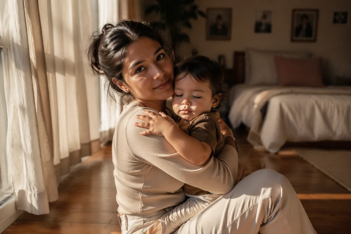 Mother Hugging Sleepy Toddler by Window