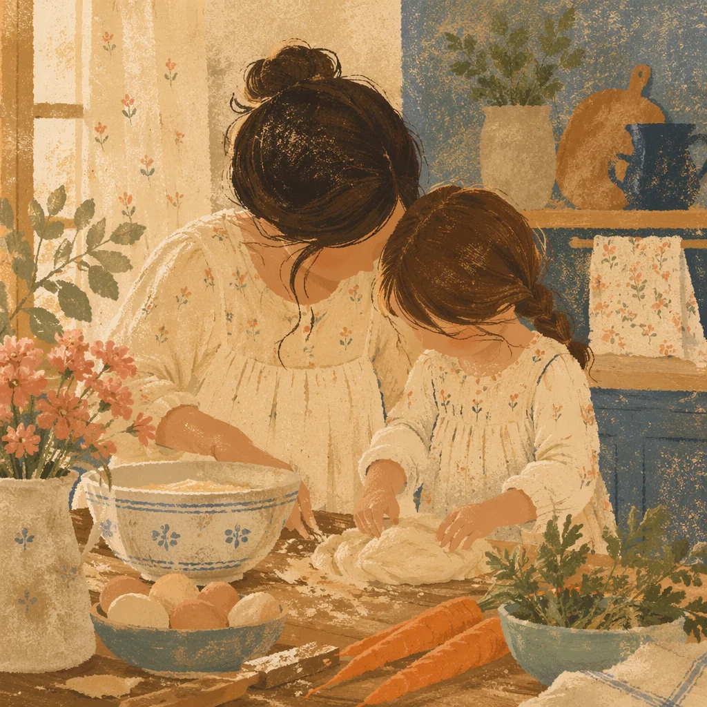 Mother and Daughter Baking in Cozy Kitchen