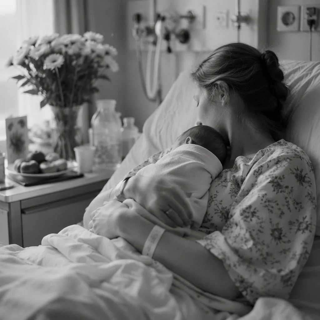 Mother Holding Newborn in Hospital Room