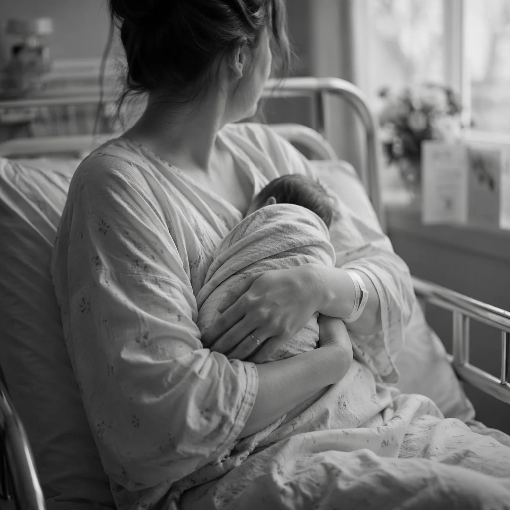 New Mother Cradling Newborn in Hospital