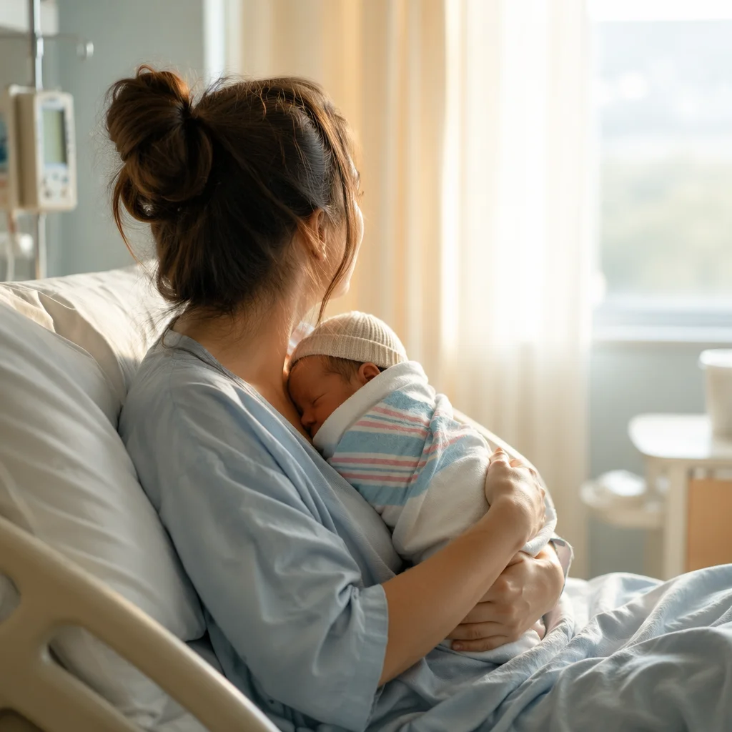 Mother Holding Newborn in Hospital Room