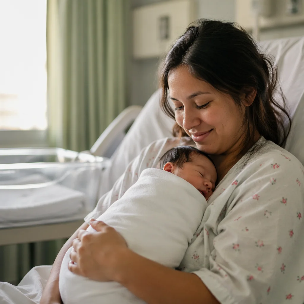 New Mother Cradling Newborn in Hospital