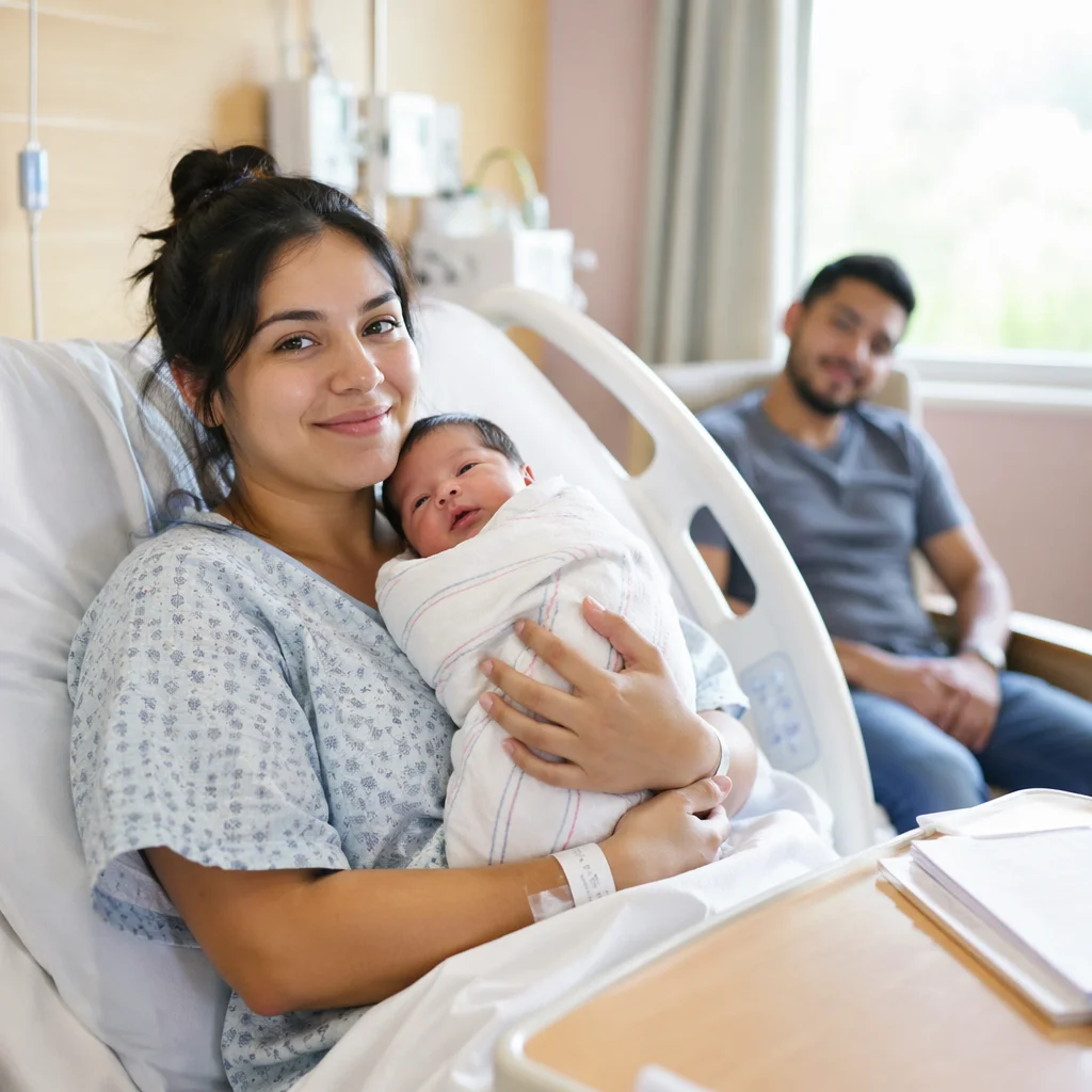 Mother Cradling Newborn in Hospital Bed