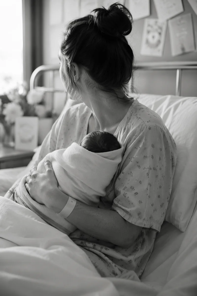 New Mother Cradling Newborn in Hospital