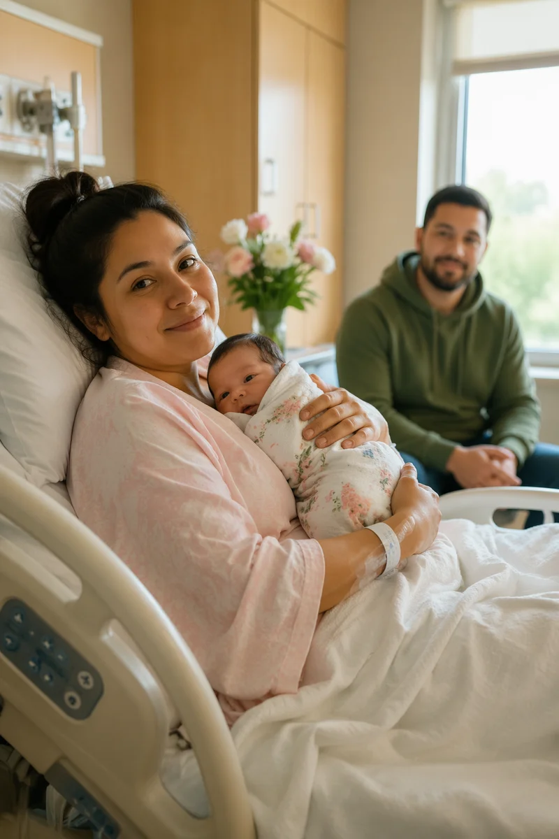 Mother Holding Newborn in Hospital Room